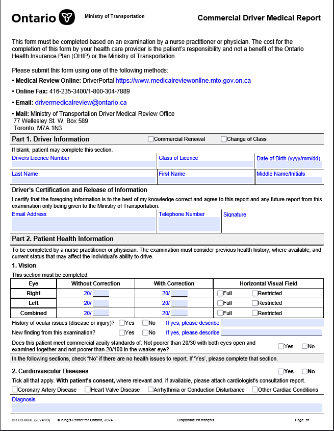 Preview of the Ontario Driver Medical Report form